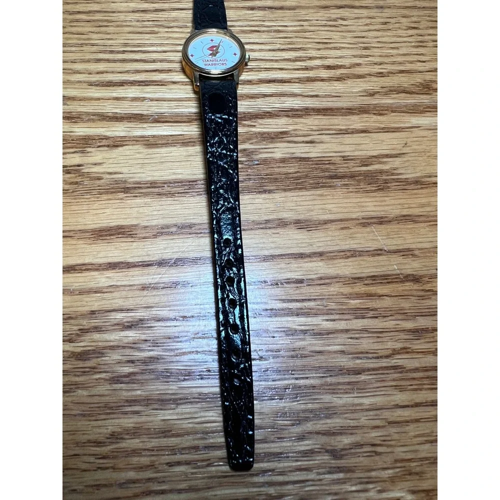 Vintage Stanislaus Warriors Image Watch Gold Tone Black Leather Strap USA Made